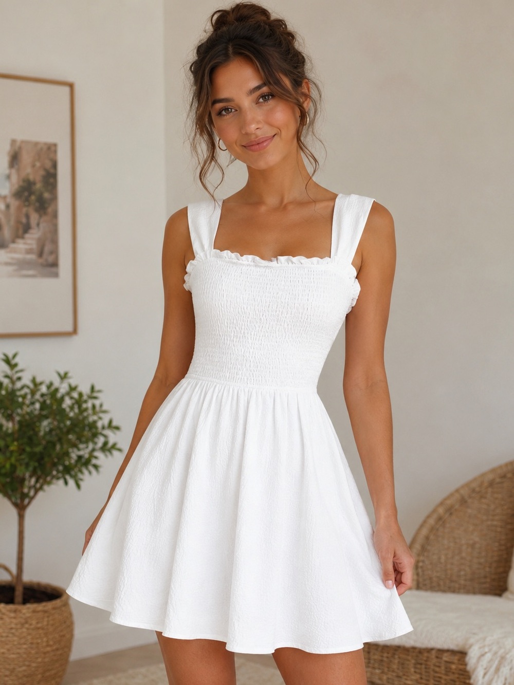 White Smocked Square-Neck Mini Dress with Wide Crossed Straps in the Back Size M - Picture 1 of 6